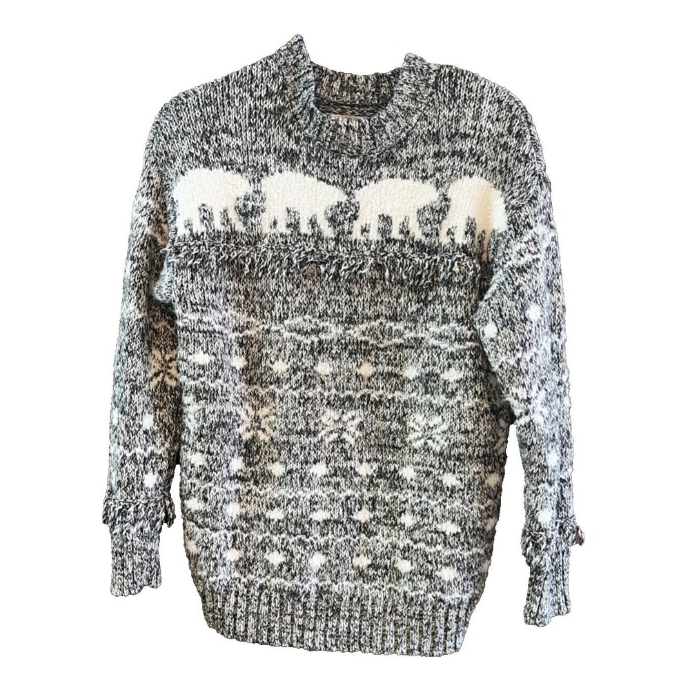 LOFT Bear Sweater Med Pet Fringe Trim Knit Mock Neck Pullover Gray White Scandi